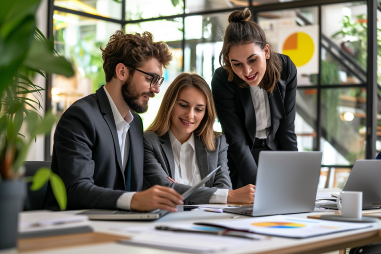 Das Bild unserer hochwertigen Beratungsdienstleistungen visualisiert ein dynamisches Arbeitsumfeld, in dem professionelle Teams in einem modernen Büro zusammenarbeiten. Die Szene zeigt engagierte Mitarbeiter, die an Laptops arbeiten und in einer positiven Atmosphäre zusammenkommen, um Personalanforderungen zu analysieren, Executive Search durchzuführen und HR-Prozesse zu optimieren. Die authentische Interaktion betont die Bedeutung unserer exklusiven Personalberatung und HR-Kompetenz für eine erfolgreiche Talentakquise. Die klare Büroeinrichtung spiegelt Innovation und Professionalität wider, während das Bild die Implementierung einer starken Unternehmenskultur zur zielgerichteten Mitarbeiterbindung und -entwicklung unterstreicht.
